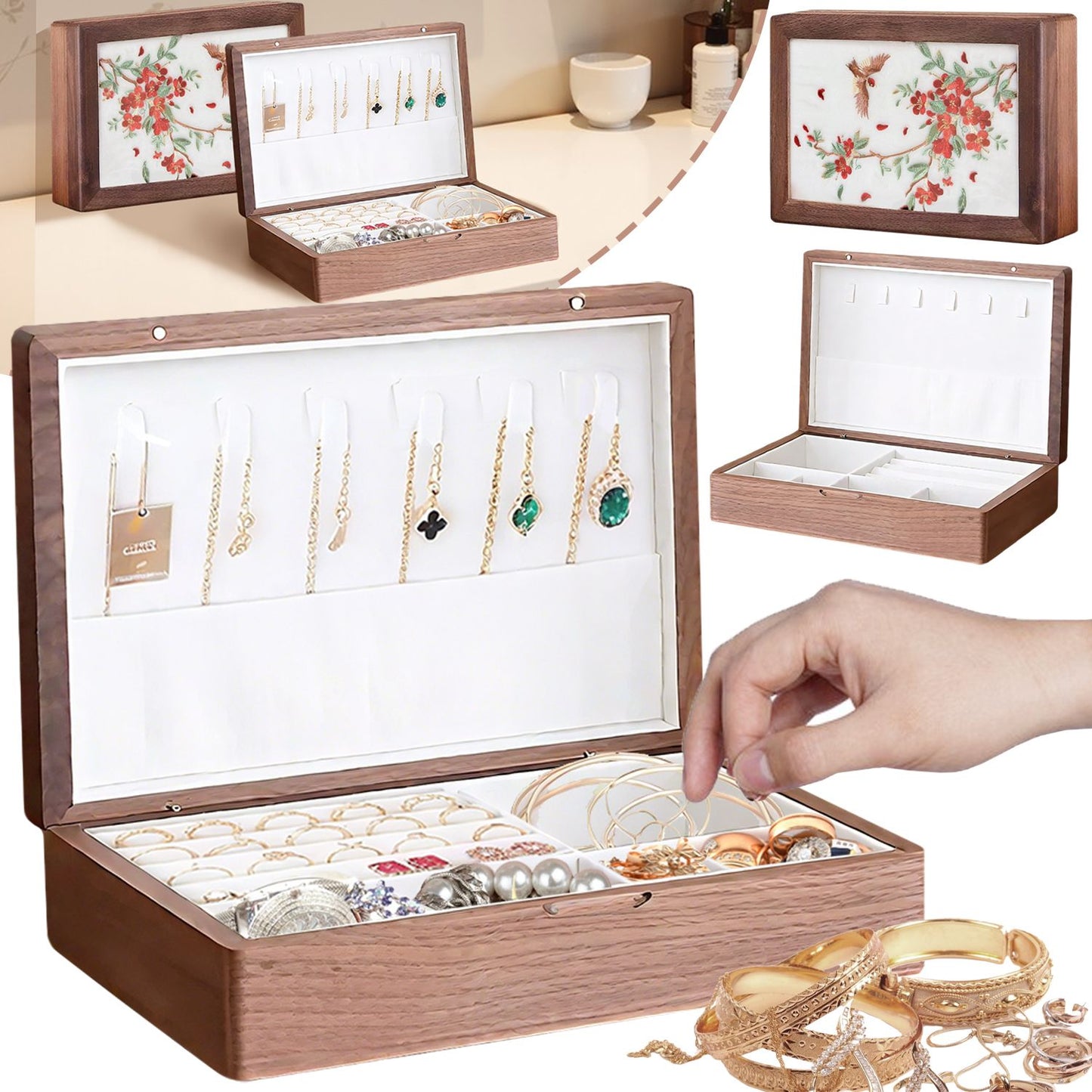 Caja de Joyería de Madera Sólida – Diseño Bordado a Mano